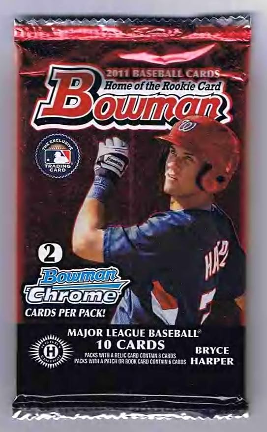 2011 Bowman Baseball Pack - 10 Cards Per Pack Including 2 Chrome Cards - Look for Rookie Cards of Bryce Harper & Mike Trout