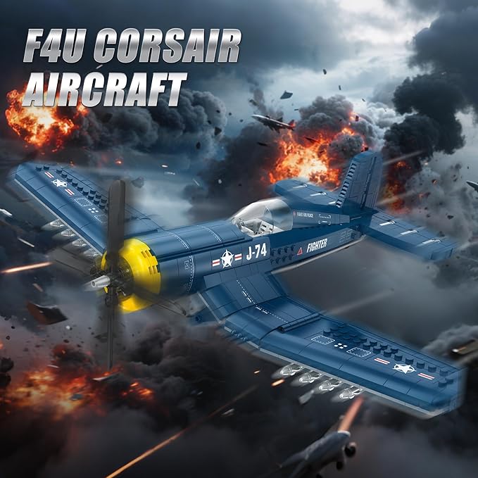 F4U Corsair Fighter Aircraft Building Block Sets - WW2 Military Airplane Building Bricks Toys Navy & Marine Corps Warbird Plane Model Kits Birthday Gifts for Boys