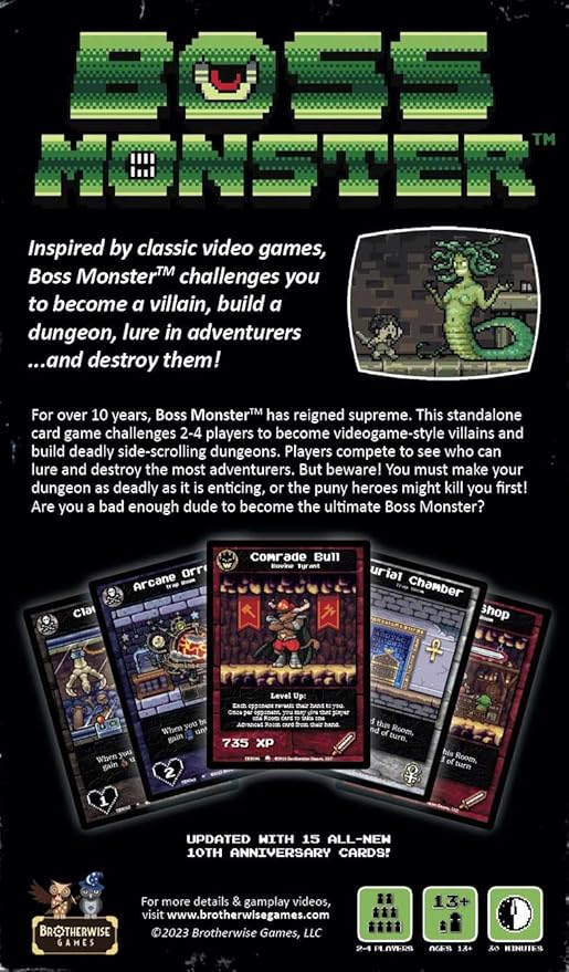 Boss Monster 10th Anniversary Edition by Brotherwise Games | 30 Min Playing Time | 2-4 Players | Ages 13+ | Building Card Game with New Rooms Bosses Spells & Modernized Rules