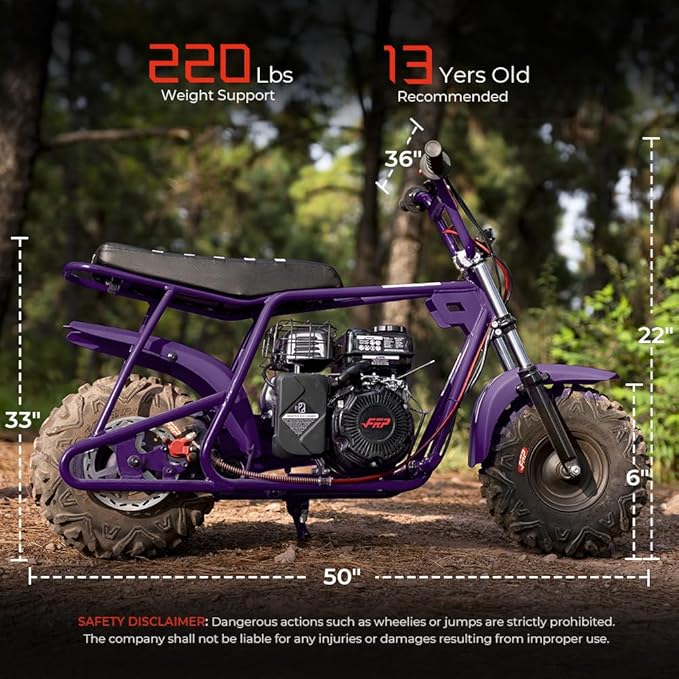 FRP GMB100 Performance 99CC 4-Stroke Mini Dirt Bike - Upgraded Hydraulic Brakes & Front Suspension Fork 28MPH Off-Road Mini Bike with LED Headlight Anti-Slip Seat Supports 220LBSPurple