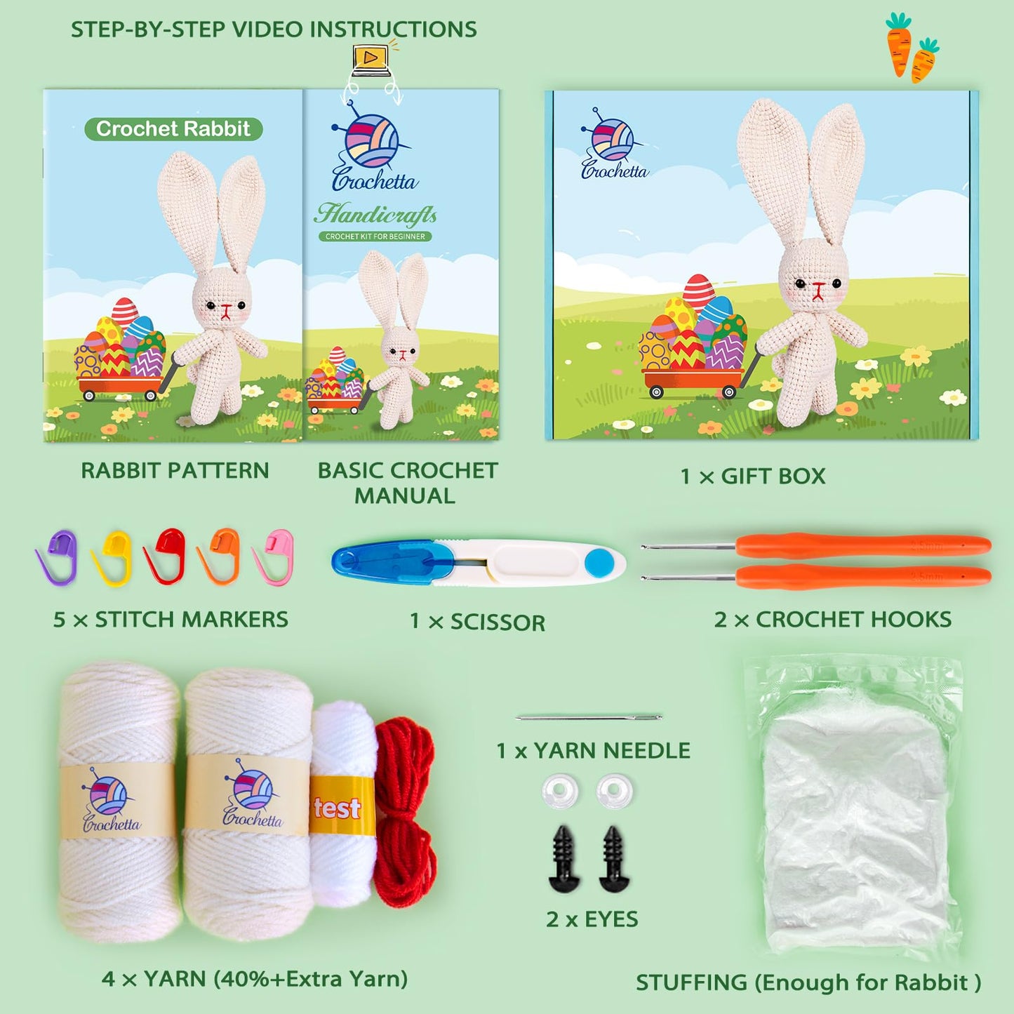 Crochetta Crochet Kit for Beginners, Crochet Starter Kit w Step-by-Step Video Tutorials, Beginner Crochet Kit Knitting Supplies for Adults Kids, Crochet Bunny(40%+ Yarn)