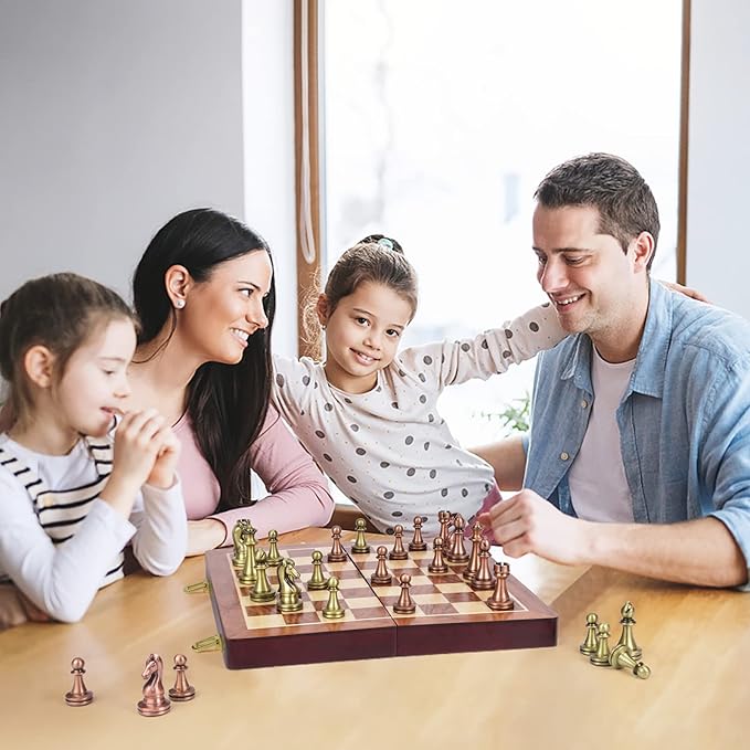 Agirlgle Retro Metal Chess Set with Folding Wooden Chess Board and Classic Handmade Standard Pieces Metal Chess Set for Kids Adult