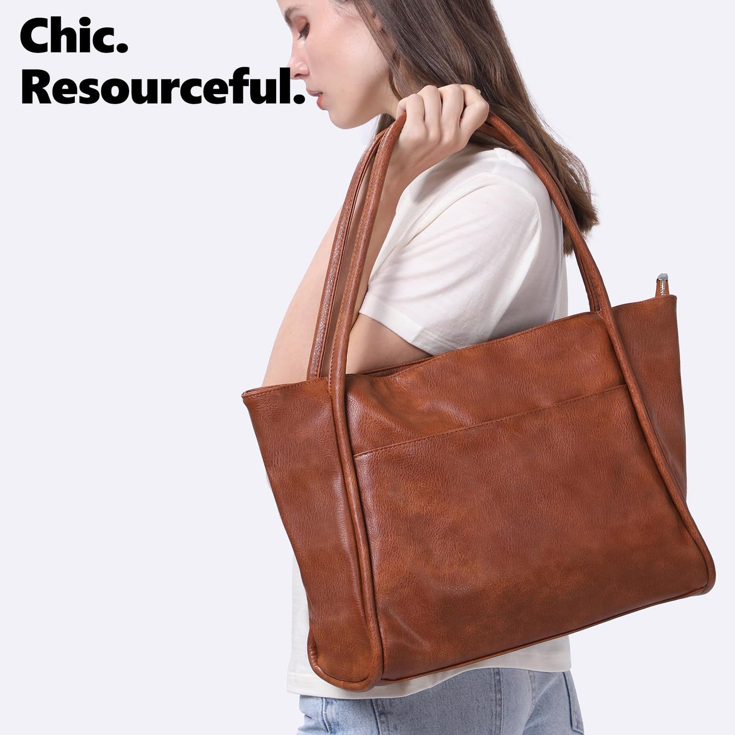 Large Tote Bag for Women Work with Zipper 16L Vegan Leather Ladies Travel Purses and Handbags Brown