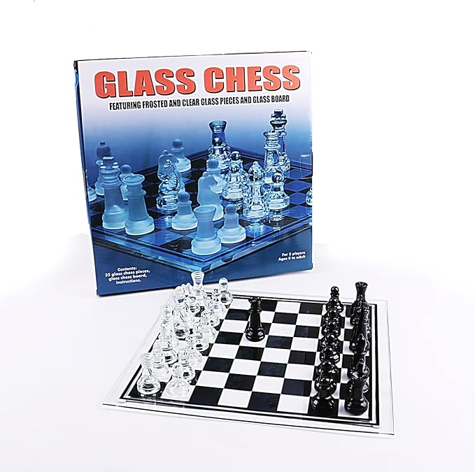 35cm/13.8 Glass Chess Set with Clear & Black Pieces – Elegant Transparent Board Game for Adults & Beginners Home Decor & Gift Choice