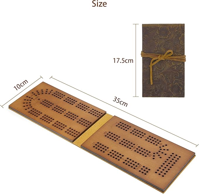 Travel Cribbage Board Game 3 Tracks Leather & Solid Bambo-Wood Pocket Sized Tiny Card Game Board