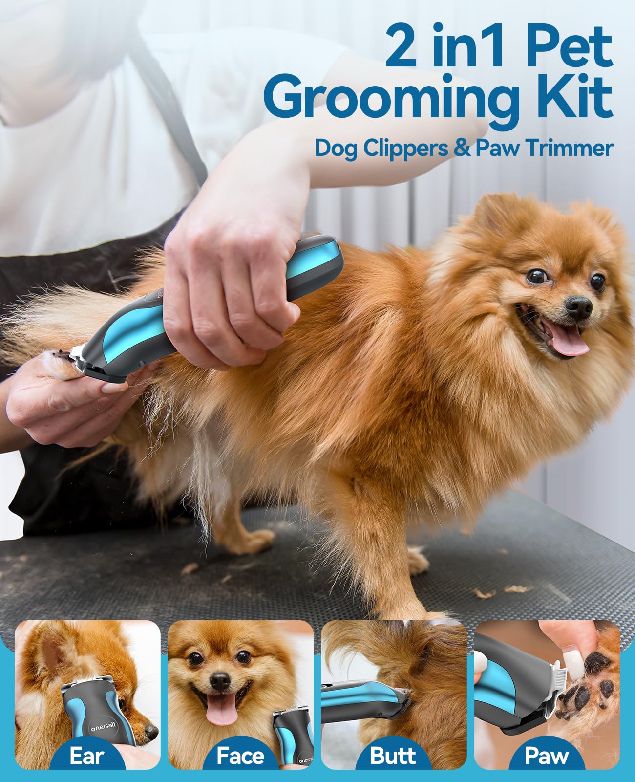 oneisall 2 in 1 Dog Clippers Grooming and Paw Trimmer, Cordless 50dB Quiet Rechargeable 2 Speed Dog Hair Clippers with Detachable Stainless Steel Blade for Small & Large Dogs Pets with Thick Coats