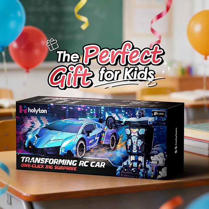 Holyton Big 1:10 Scale Transform RC Car & Robot – One-Button Transformation Gesture Sensing LED Lights Music & Fog Spray 2 Batteries 80 Mins Play Birthday Gift for Boys Girls Ages 3-12