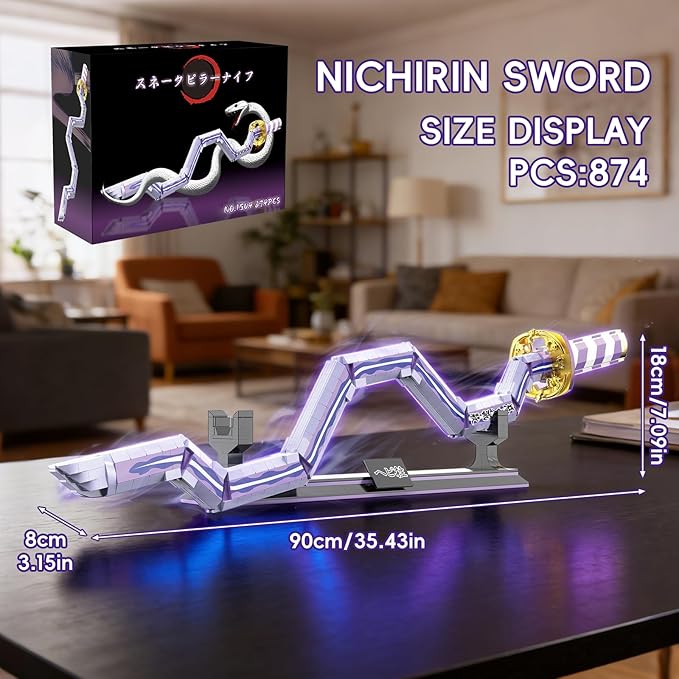 Anime Snake Sword Building Set 836 Pieces Twisted Serpent Blade Katana (34 Inch) Purple & White Nichirin Style Cosplay Prop with Scabbard & Stand Japanese Manga Gift for Teens & Adults
