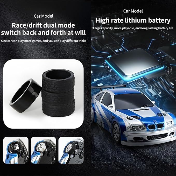 HERR RC Electric Mini Racing Drift Car Model 1:43 Scale 2.4G Full Scale Linkage Light Set Max Speed 15km/h Indoor Mini RC Toys Hobbyist Gift Black White (RTR Version/Silver)