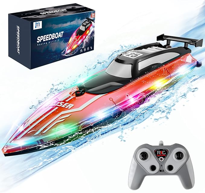 RC Boat for Kids with LED Lights 2.4Ghz Remote Control Racing Boats for 8-12Toy Water Boat for Pools & Lakes with WaterproofRechargeable Battery for Boys Girls RED