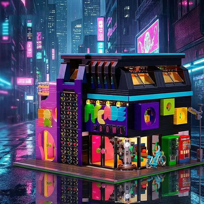 Arcade Modular Building Blocks Set with LED Lights Cyberpunk Retro Arcade Bowl Street View Bricks Collectible Construction Toy for Adults & Teens 14+Barweer004 (2600PCS)