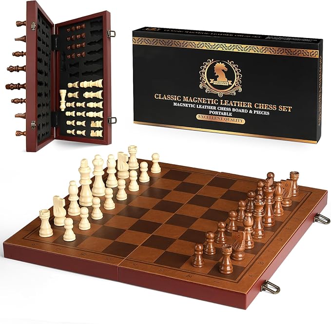 Strong Magnetic Chess Set for Adults & Kids 15.4 Leather Chess Board & Handcrafted Wooden Chess Pieces with Storage Slots Portable Travel Chess Game for Beginner and Professional