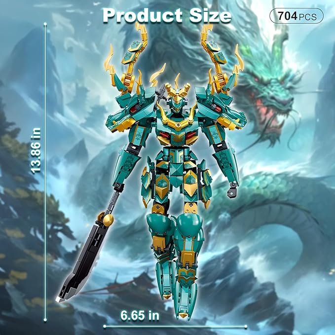 HIGH GODO Mech Robot Building Blocks Set for Adults Cool Green Dragon Warrior Model Kit with Long Spear Toy Playset 704 Pieces Collectible Mythical Ninja Gifts for Teens Ages 14+