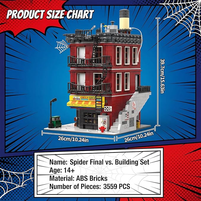 Spider Final vs. Building Set for Adults - MOC Heroes Peter & Friends' Apartment House Modular Building with Police Car Deli Grocery for Architecture Collectors Movie Fans Gift (3559 Pcs)