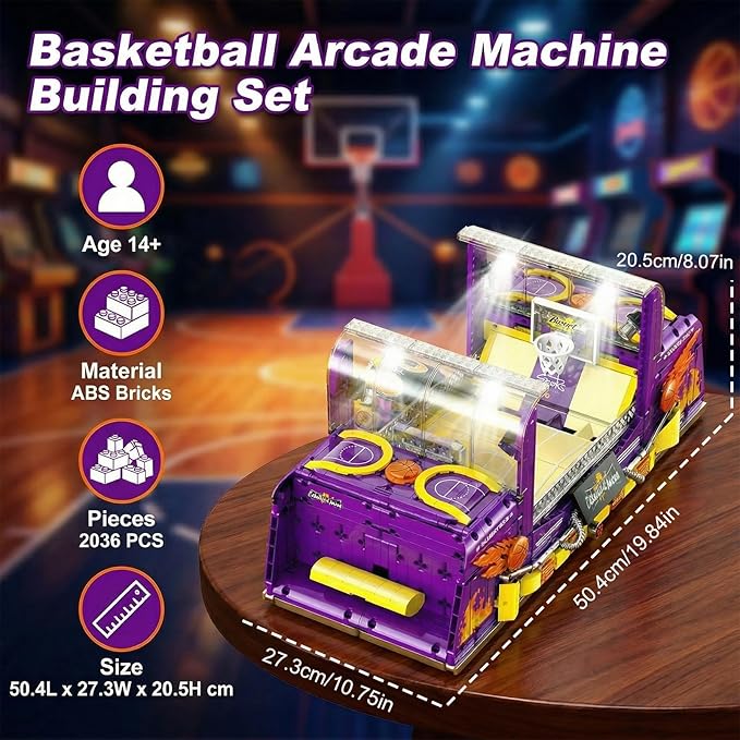 Basketball Arcade Pinball Machine Building Blocks Set for Adults Motorized Tabletop Basketball Board Game with Lights & Music STEM Toys Gift Ideas for Sport Lovers