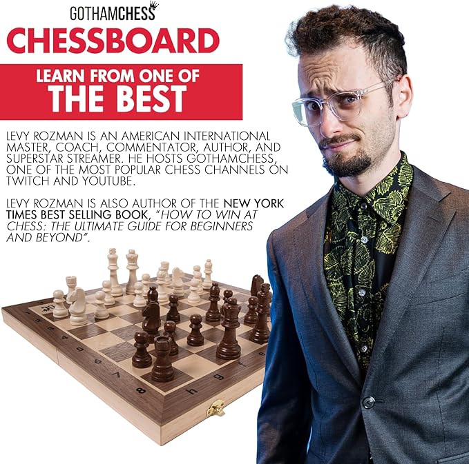 GothamChess Board | Foldable & Portable Magnetic Chess Pieces Organized Fitted Storage Includes Course by International Master Levy Rozman Game for Families & Adults | 15.75 x 15.75