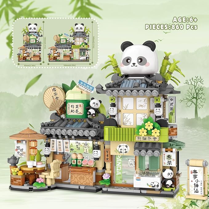 Street View Tea Shop Mini Building Blocks Set Cute Panda Animals Building Toys Girls 6-12 Simulation Architecture Construction Toy Birthday Gift for Kids Adults (860PCS)