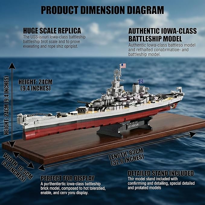 USS Missouri Battleship Building Blocks Set - Iowa-Class Warship Model 2228 Pieces 14+ Adult/Teen Building Toy 83cm Large Scale Replica with Display Stand for Collection & Decoration