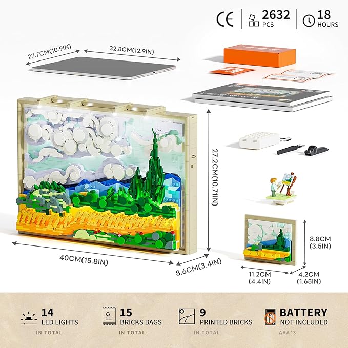 Wheat Field with Cypresses Building Blocks Set with Lights - 3D Wall Art Home & Office Decor - Gift for Adults & Visual Art Lovers