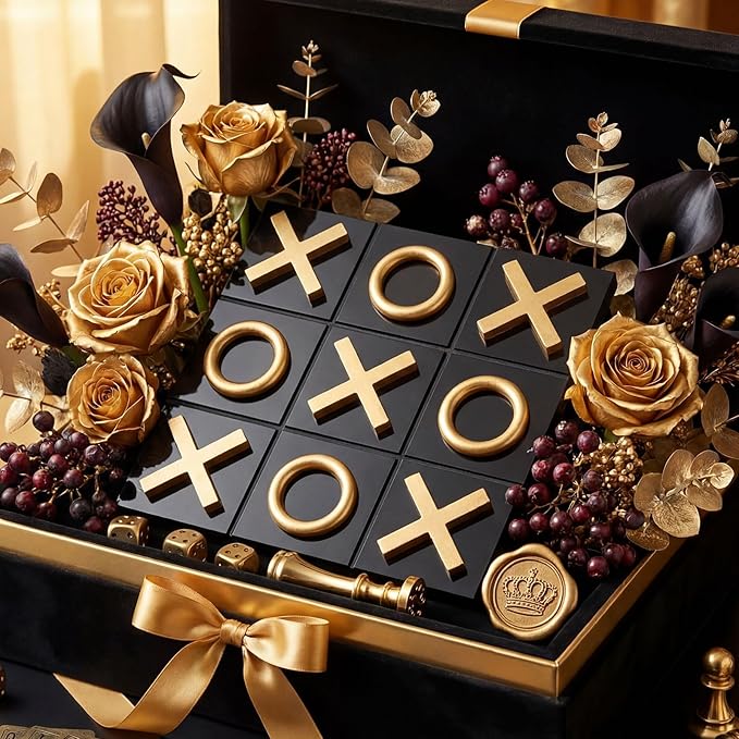 11.8x11.8 Inch Tic Tac Toe Wood Game Board Coffee Table Decor Modern Wooden for Board Table Top Living Room Decor Fun Family Party Adults Travel Ages15+ (Black Gold)