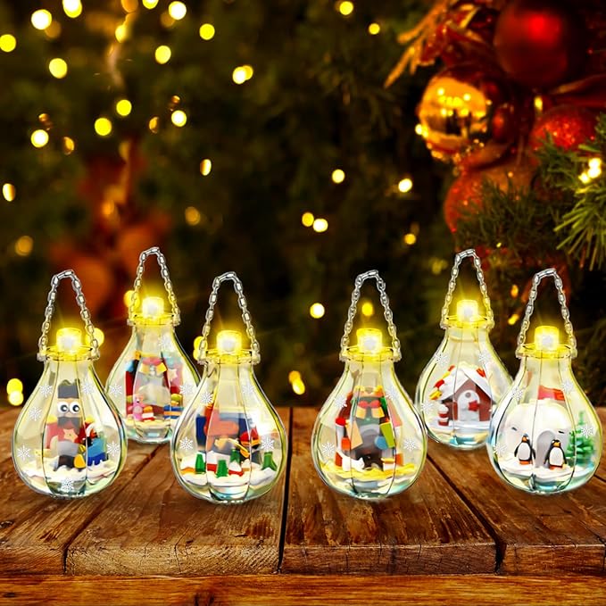 6 Pack Christmas Tree Bulb Ornament with Light Building Set Including Gingerbread House Penguin House Christmas House Fireplace Nutcracker Reindeer Stocking Stuffer Toy Gifts for Kids.(405PCS)