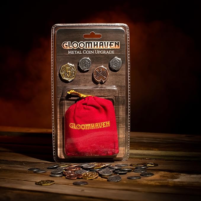 Cephalofair Games: Gloomhaven: Metal Coin Upgrade - 60 Coins & Drawstring Bag Board Game Accessory Metal Currency Detailed Art