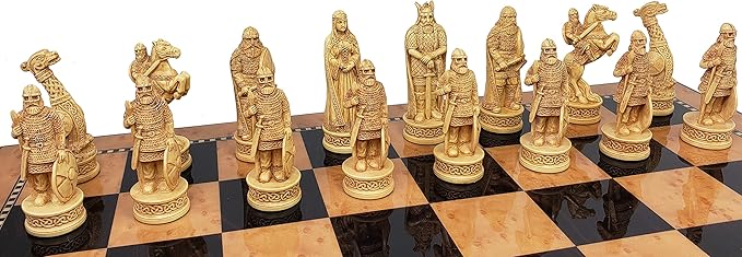 Antique Ivory & Brown Norse Viking Chess Set with 17 inch Walnut and Birdseye Maple Color Storage Board