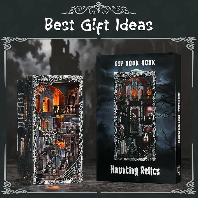 Book Nook Kit with LED Light DIY Miniature Dollhouse Booknook Kit Creepy Scary 3D Wooden Puzzle Bookshelf Insert Decor for Stress Relief Craft for Book Lovers & Adult (Haunting Relics)