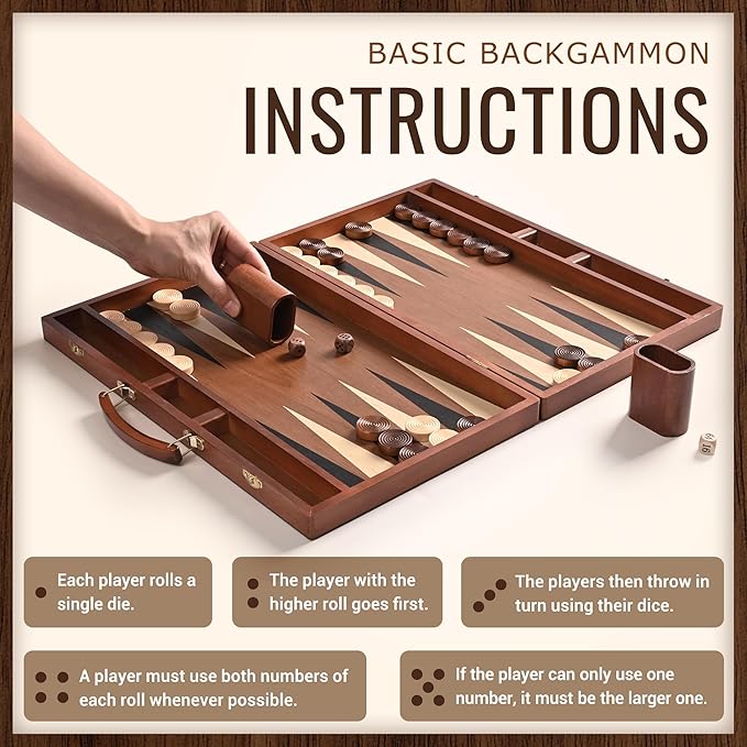ropoda Sapele Wood Backgammon Board Game Set (18 Inches) for Adults and Kids - Classic Board Strategy Game - Portable and Travel Backgammon Set with Wooden Playing Pieces and Accessories