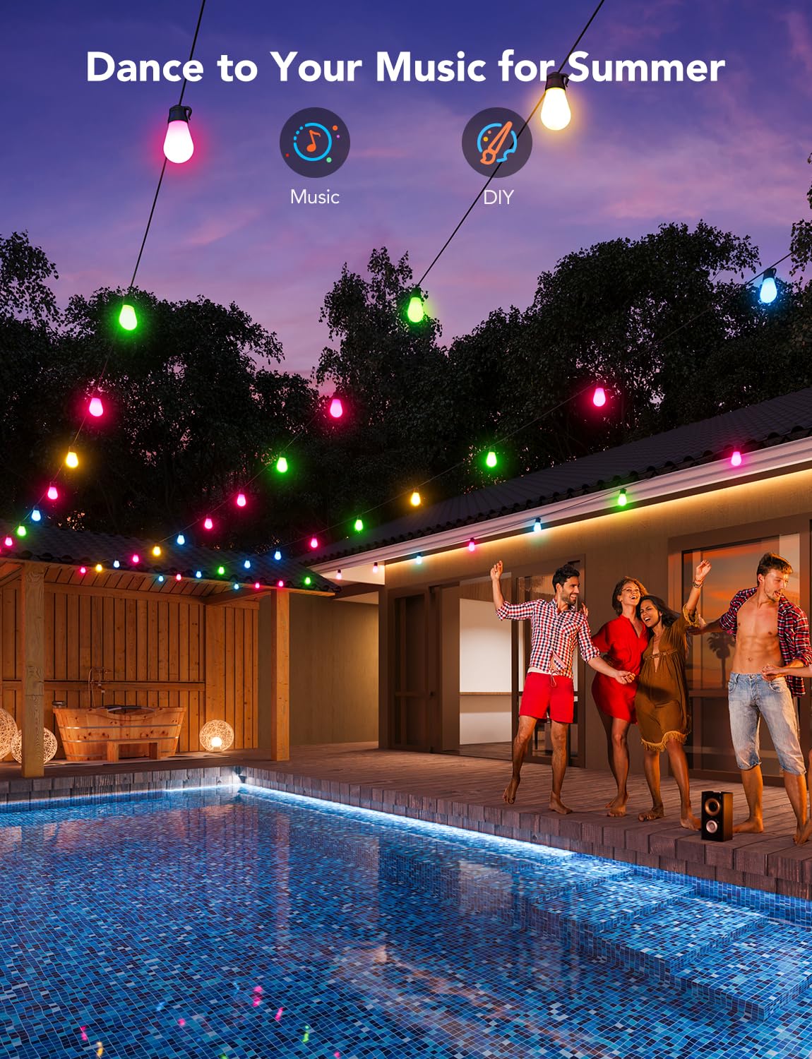 Govee Smart Outdoor String Lights H7021, RGBIC Warm White 96ft (2 Ropes of 48ft) LED Bulbs for Outdoor Decorations, WiFi Patio Lights Work with Alexa, Google, APP Control, IP65 Waterproof