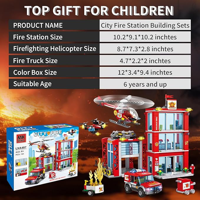 City Fire Station Building Kit Compatible with Lego Fire Rescue Building Blocks Includes Fire Station Fire Truck Fire Helicopter and Drone Toy Set Gift for Kids Boys Girls Age 6-12(784 PCS)