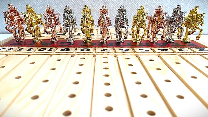 Racing Game for Adults With 11 Luxurious Metal Horses (Silver Black Rose Gold) 16 Pine Wood Race Game Board Dice & Card Included (Log Color)