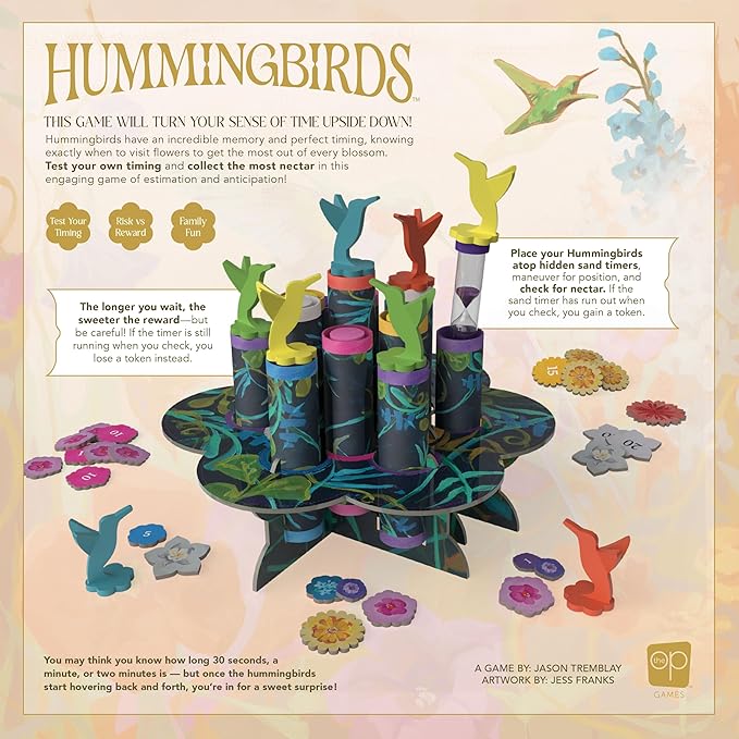 Hummingbirds Board Game A Real-Time Push Your Luck Dexterity Party Game Test Your Timing & Collect Nectar Token Points A Fun Family Game with Beautiful Artwork Ages 8+ 2-4 Players 15+ Play