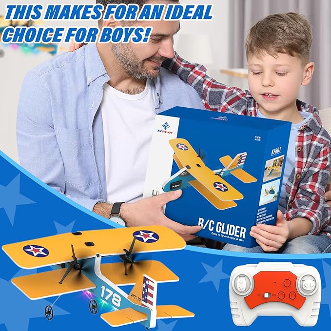 RC Plane 2.4Ghz Remote Control Airplane with 3 Batteries & 6-axis Gyro Stabilizer 2 Channel RTF PT-17 RC Toy Easy to Fly for Beginners Kids Boys Girls Adults (Yellow)