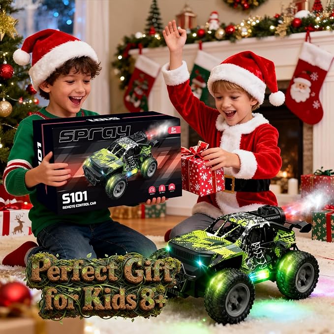 1:18 RC Monster Truck for Boys Kids 4-7-8-12 All-Terrain Off-Road Remote Control Car with LED Lights & Spray 40 Min Playtime 2.4GHz Fast Response Graffiti Jeep Toy Easter Gift RC Car for Kids