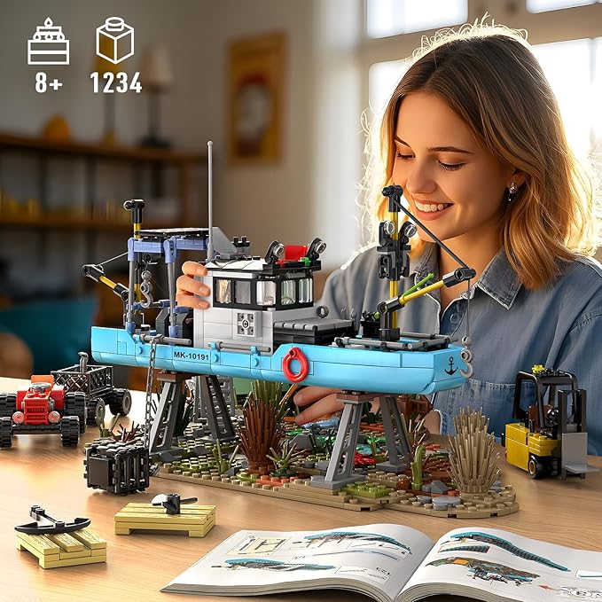 Mould King Seaside City Fishing Boat Building Set Creative Repair Yard with Ship Forklift and Camp DIY Construction Model Kit Idea Gift for Adults & Teens 14+ (1234PCS)