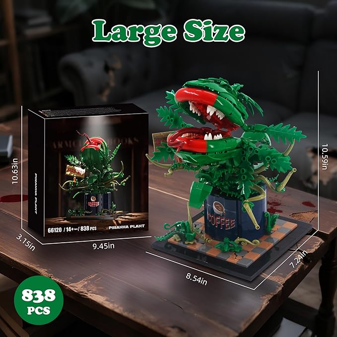 838PCS Large Piranha Plant Building Block Set AuderyII Cannibal Flower Model with Coffee Can & Feed Me Sign Horror Movie Decorations Botanical Collection Toy Gifts for Adult & Teen Aged 8+