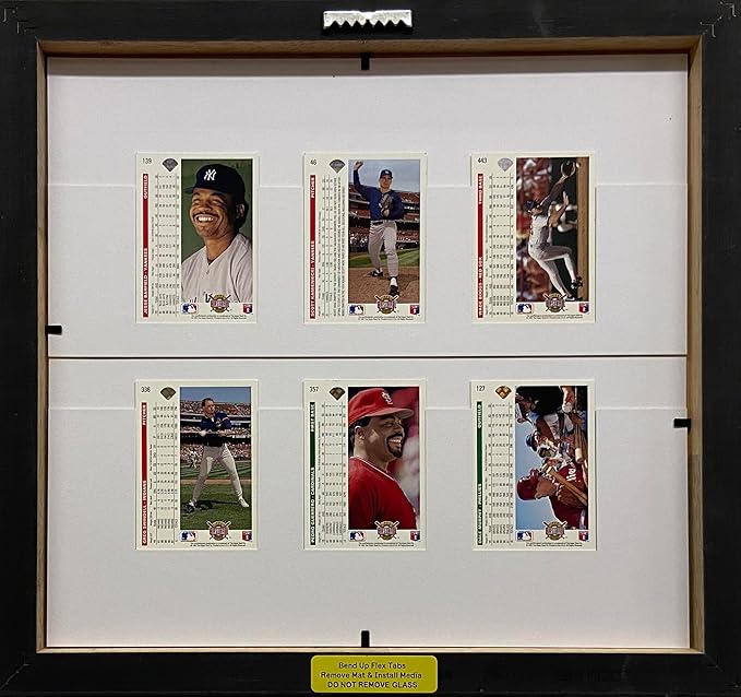 Trading Card Frame for 6 Standard Trading Cards Black Frame with Matting and Card Mounts (Dark Blue White Trim Mat - Black Frame)