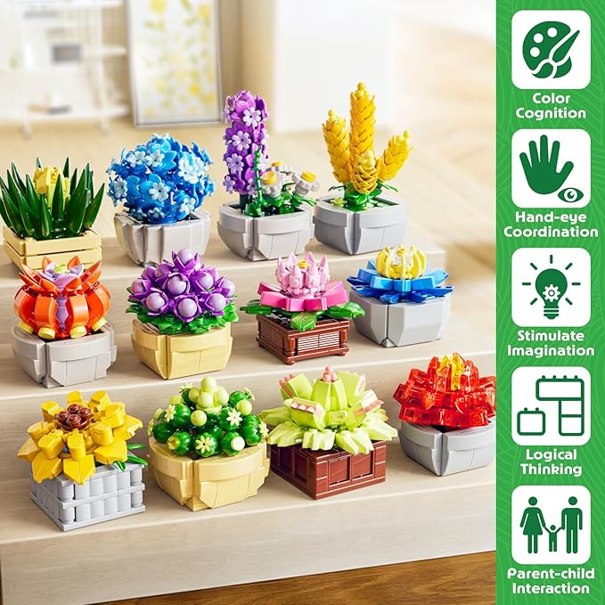 12 Succulents Building Set for Adults & Kids 10+ – Botanical Collection Artificial Plants with Pots Easter Birthday for Women Home Office Decor Relaxing DIY Kit(1174 PCS)