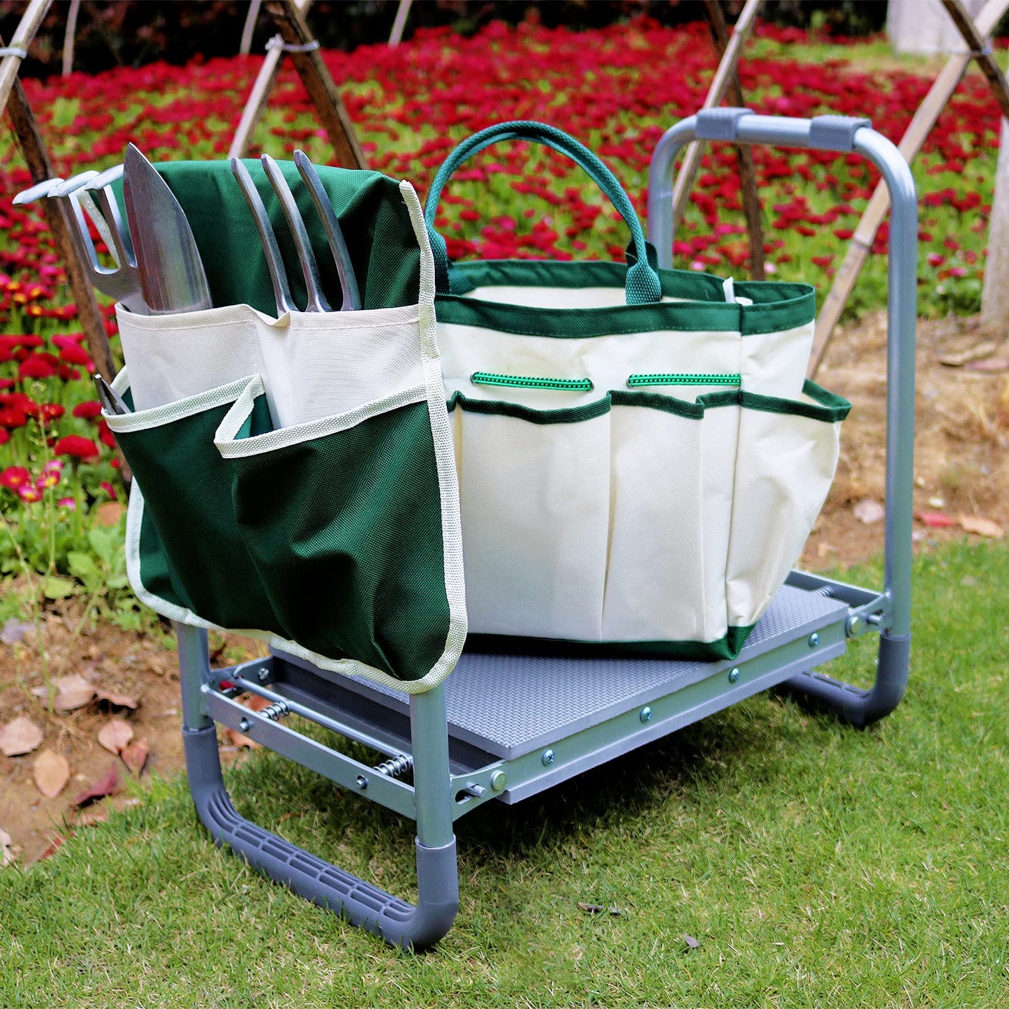 BDL Garden Kneeler Seat Foldable Durable Garden Stool with Tool Bag Pouch and Garden Gloves 330lb Capacity-Protects Your Knees, Clothes from Dirt & Grass Stains