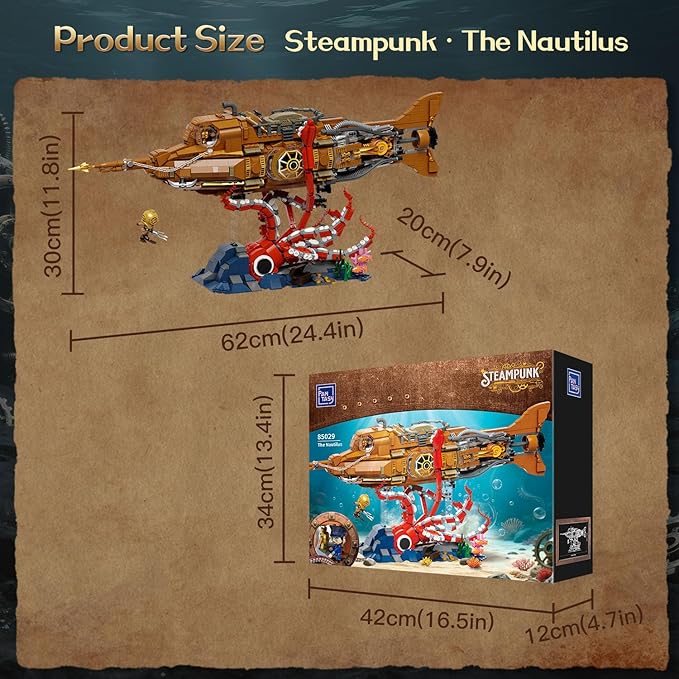 PANTASY Steampunk Nautilus Submarine Building Set Modular 3-Section Design with Gear-Linked Propeller Mini Boat & Undersea Adventure Scene Retro Mechanical Collectible Model Kit for Adults