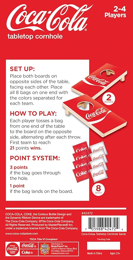 MasterPieces Coca-Cola Tabletop Cornhole Game Set - Officially Licensed Portable 10x5 Boards Includes 8 Bags Fun for Families & Kids