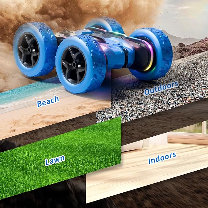 Remote Control Stunt Car 4WD 360° Flip Double‑Sided RC Cars LED Light Bar USB‑C Modular Battery 2.4 GHz Outdoor Beach Toy for Boys 6‑12 Years Old Birthday & Christmas Kids Gift Blue