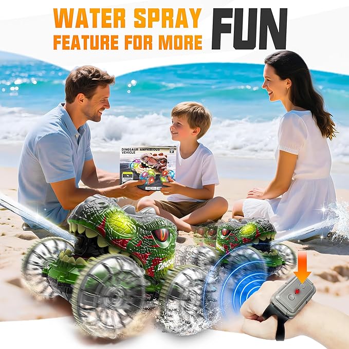 BEZGAR Monster Truck Toys - Dinosaur Toys with LightHand Gesture Sensing RC Cars for Water & Land with Water Gun Monster Truck with 360° Spins and Drifting Remote Control Car for Boys 4-7
