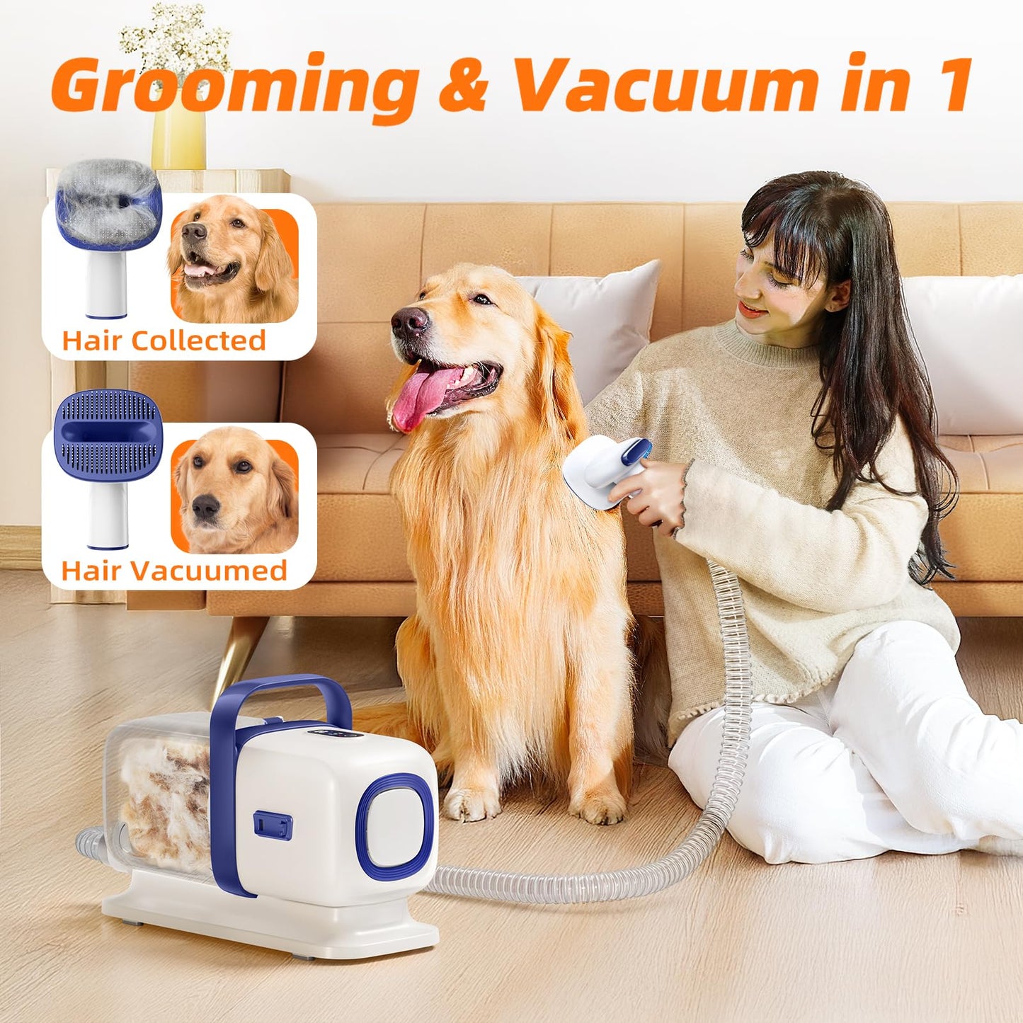 buenkee Dog Grooming Kit with Vacuum, All-in-One Pet Grooming Vacuum for Dogs and Cats, Low Noise Pet Hair Clipper & Shedding Brush, Dog Hair Remover, Cat Pet Groomer Set with Cleaning Brushes, White