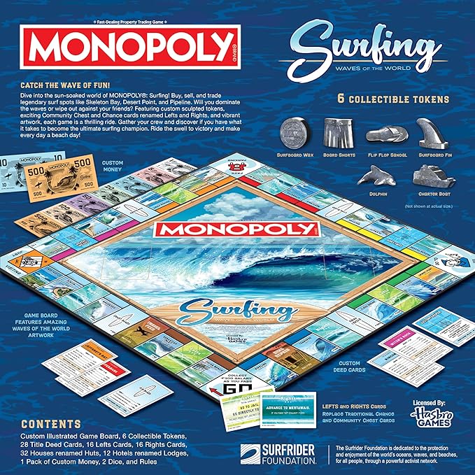 Monopoly: Surfing Waves of the World Board Game – Buy Sell Trade Iconic Surf Spots Like Pipeline & Superbank 6 Custom Beach-Themed Tokens Family Game for Beach Sports Fans & Collectors Ag