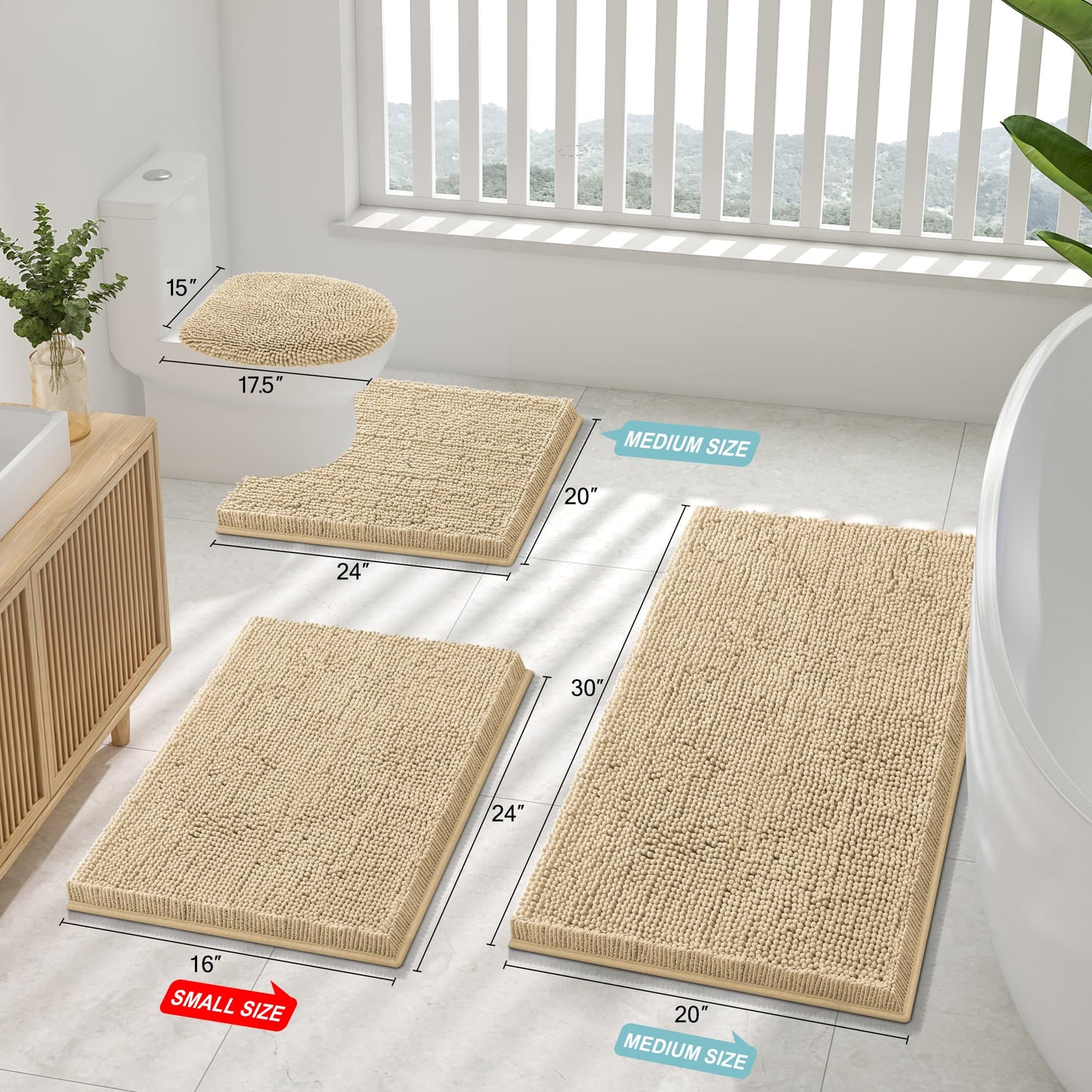 Smiry Luxury Chenille Toilet Rugs U-Shaped 20x20, Soft Absorbent Non-Slip Contour Bathroom Rugs for Toilet, Machine Washable Contoured Bath Mats, Beige