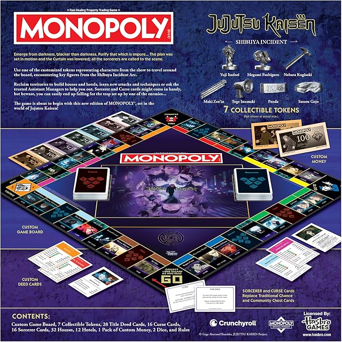 MONOPOLY: Jujutsu Kaisen Edition Board Game Buy Sell Trade Locations from the Shibuya Incident Arc Featuring 6 Custom Tokens: Yuji Itadori Panda Satoru Gojo & More Officially Licensed Collect