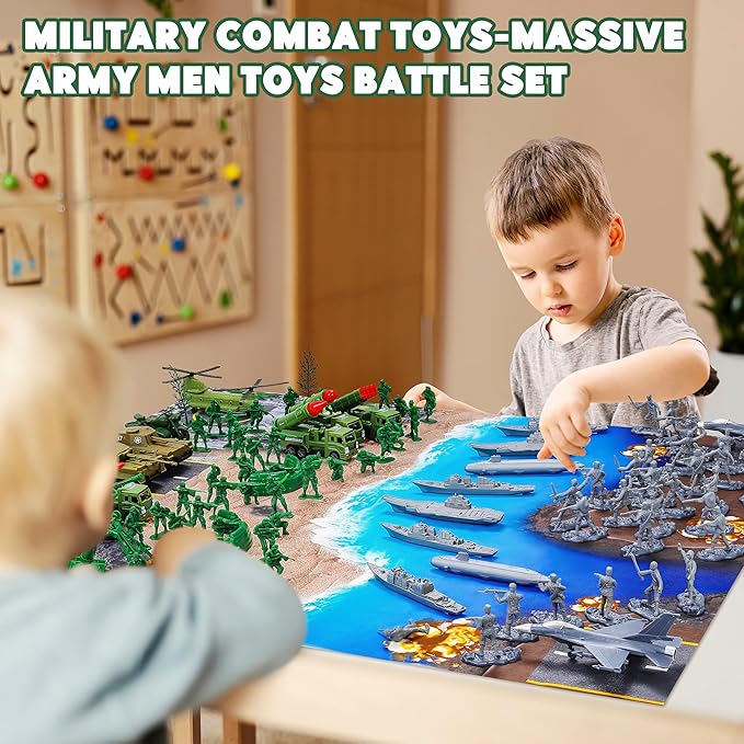 Army Men Playset – 117 Pcs Military Toy Soldiers Set with Action Figures Battle Mat Tanks Helicopter Submarine & Weapon Gear – Army Toys for Boys Ages 4-12 Great Gift for Kids