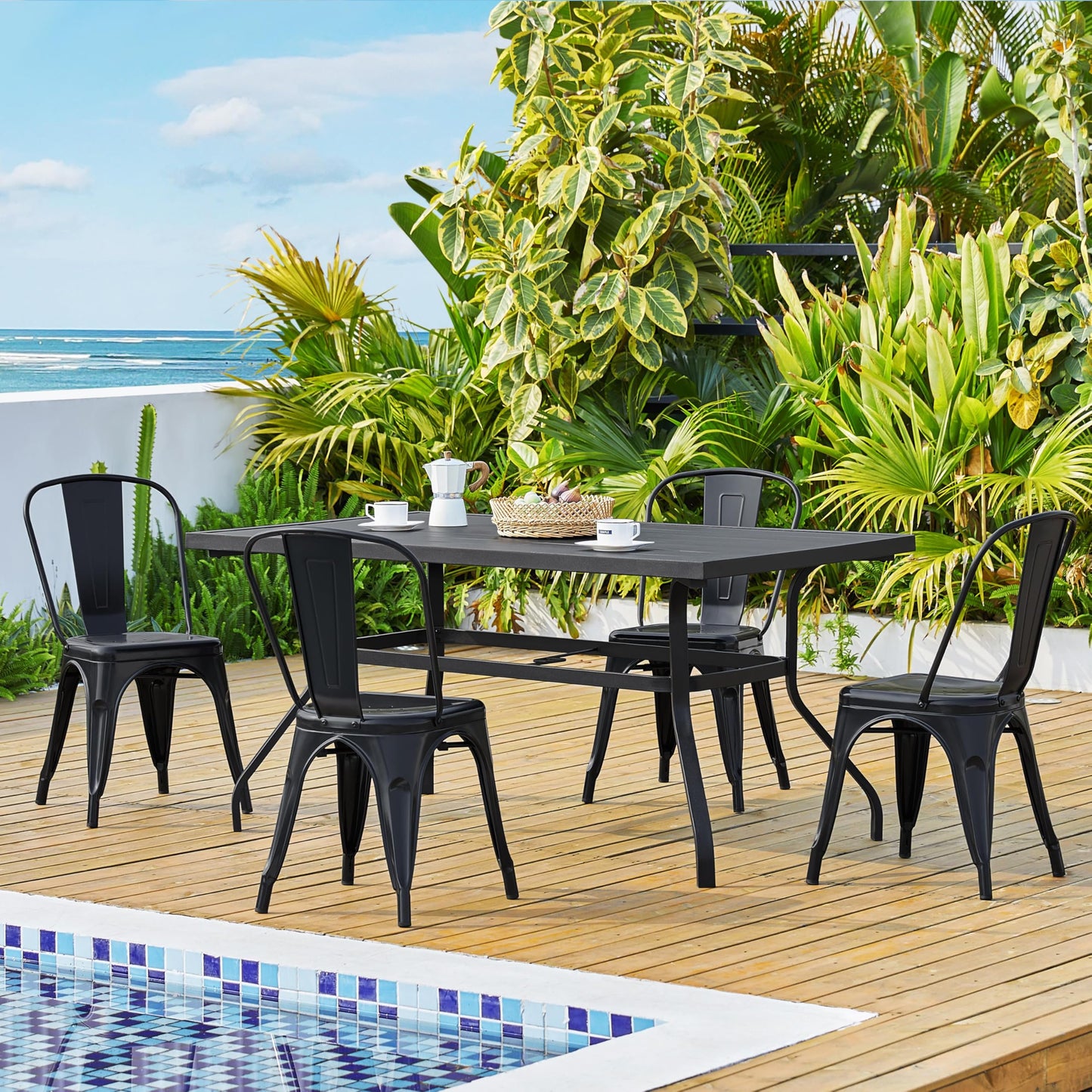 Yaheetech Metal Dining Chairs Set of 4, Industrial Stackable Kitchen Chairs with Back for Dining Room/Restaurant/Bistro/Patio, Indoor & Outdoor Use, Matte Black